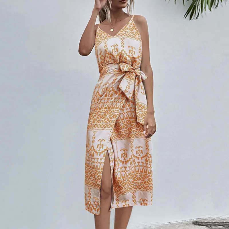 

2021 Summer Floral Print Chiffon Dress Women Spaghetti Strap Dress Ladies V Neck Long Party Backless Robe Femme