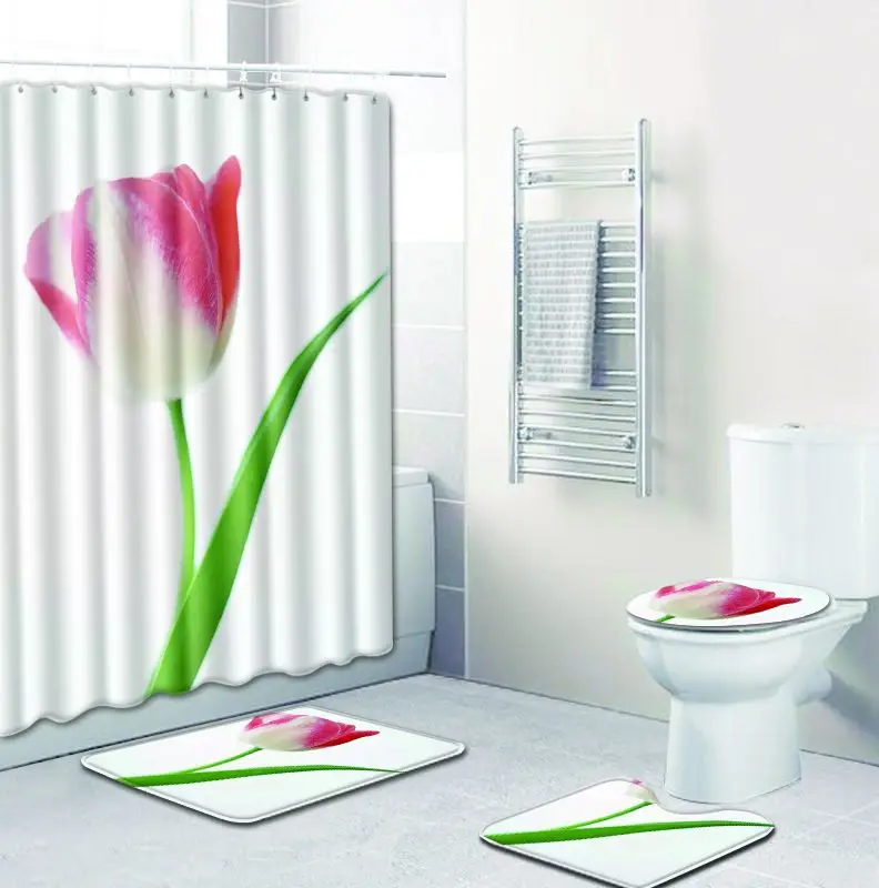

4pcs Bathroom Floor Mat Sets Anti Slip Tulips Design Shower Curtains + Bath Mat + Contour Rug + Toilet Lid Cover Carpet