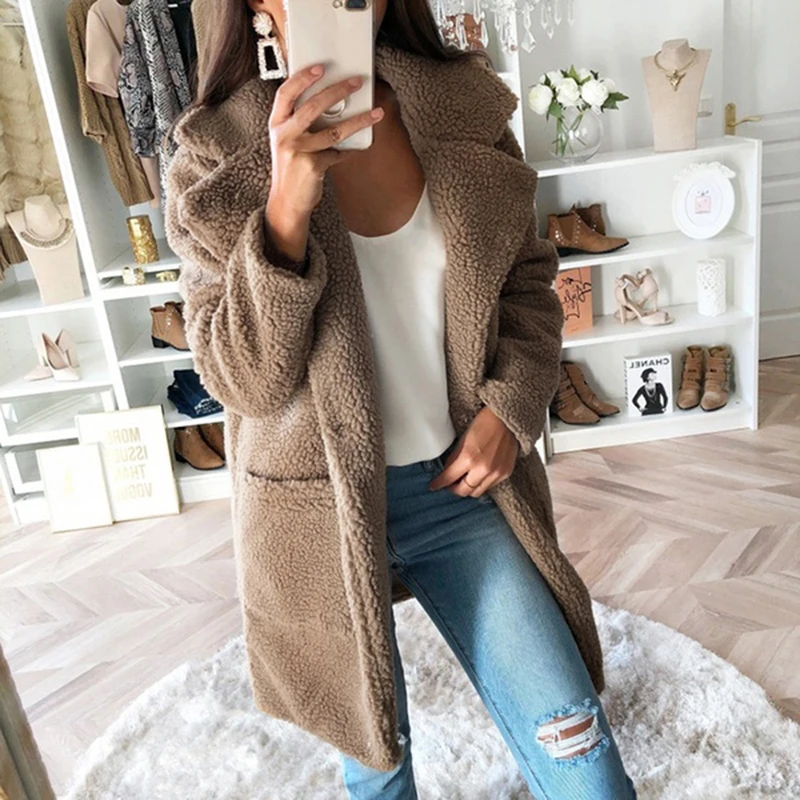 

2021 New Faux Fur Coat Winter Coat Women Autumn Casual Loose Solid Long Teddy Coat Female Plus Size 3XL Jackets Femme Sweatshirt