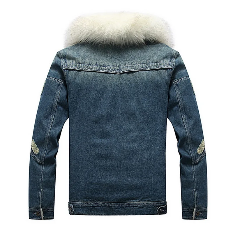 Men's Autumn Winter Parka Thick Velvet Coat Men's Warm Denim Jacket Cowboy Coat Fur Collar