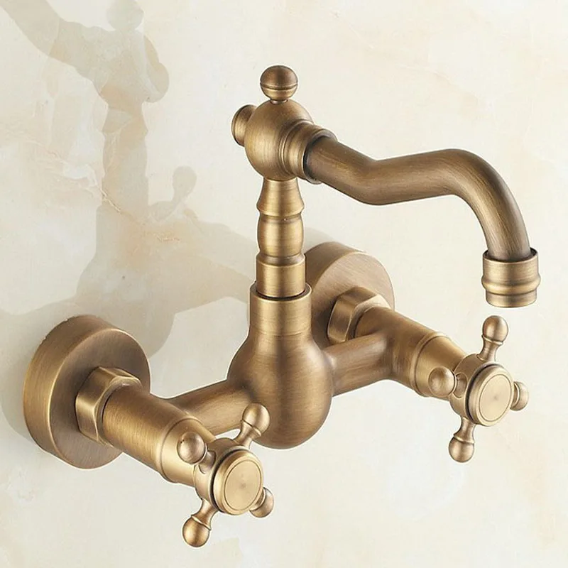 

Vintage Retro Antique Brass Double Handle/Hole Wall Mount Kitchen Bathroom Basin Faucet Sink Mixer Tap Swivel Spout 360' dsf002