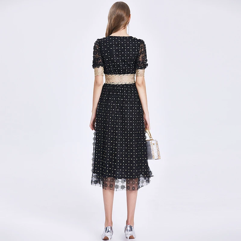 

Summer Embroidery Lace Dress Vintage Hollow Out Elegant Slim Women Evening Party Dresses High Waist Casual Long Dress TA9805