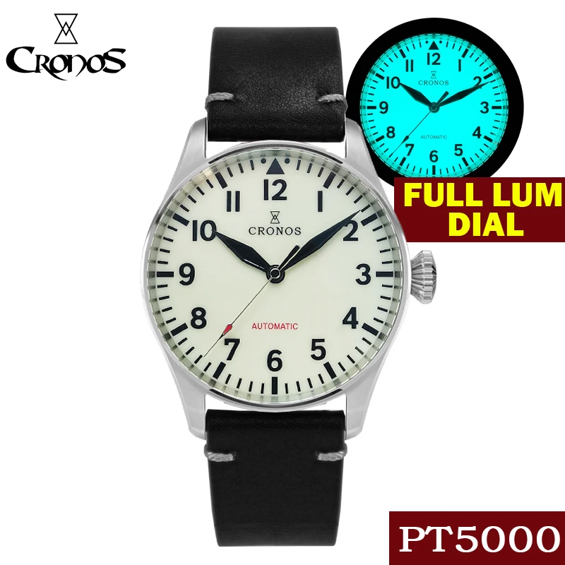 

Cronos Men's Pilot Flieger Wrist Watch 42mm Full Luminous Dial Sapphire PT5000 Automatic Movement Skeleton Back Leather Strap