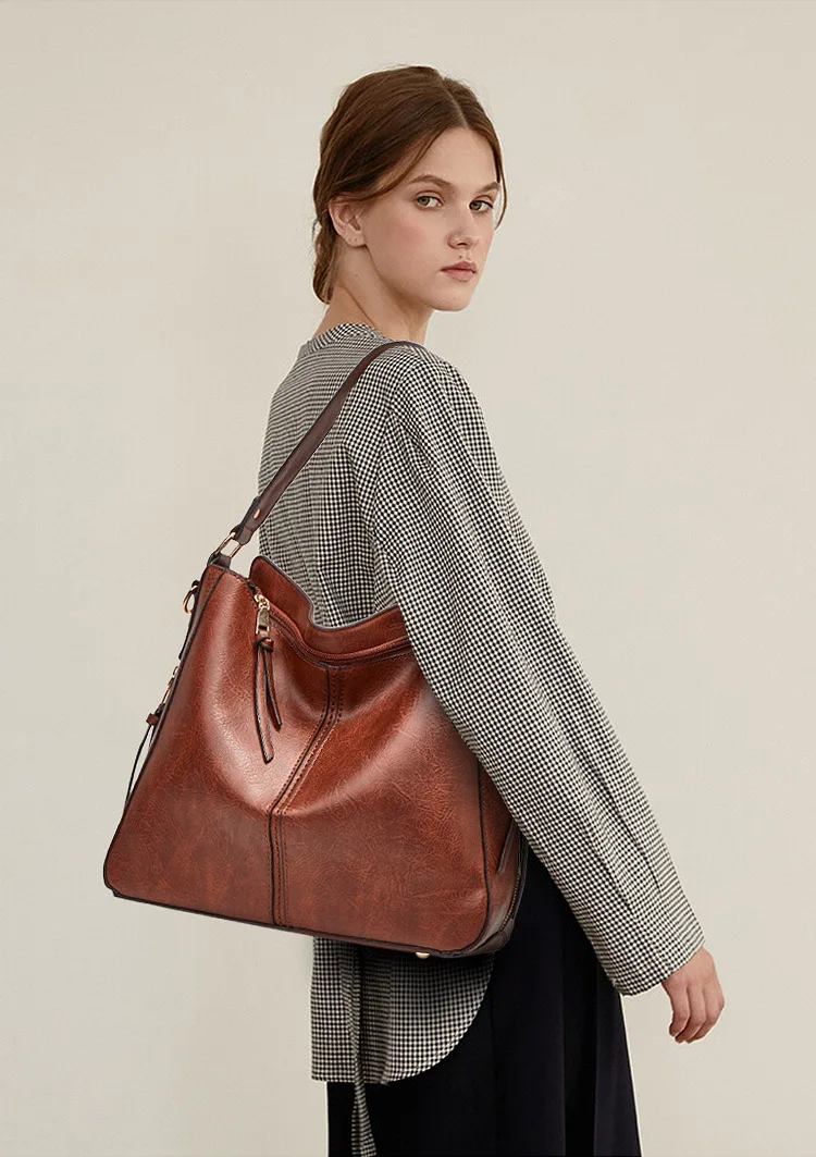 

Новинка 2021, сумка на одно плечо, Ретро сумка-тоут из масляной кожи, вместительная Женская Ручная сумка-мессенджер