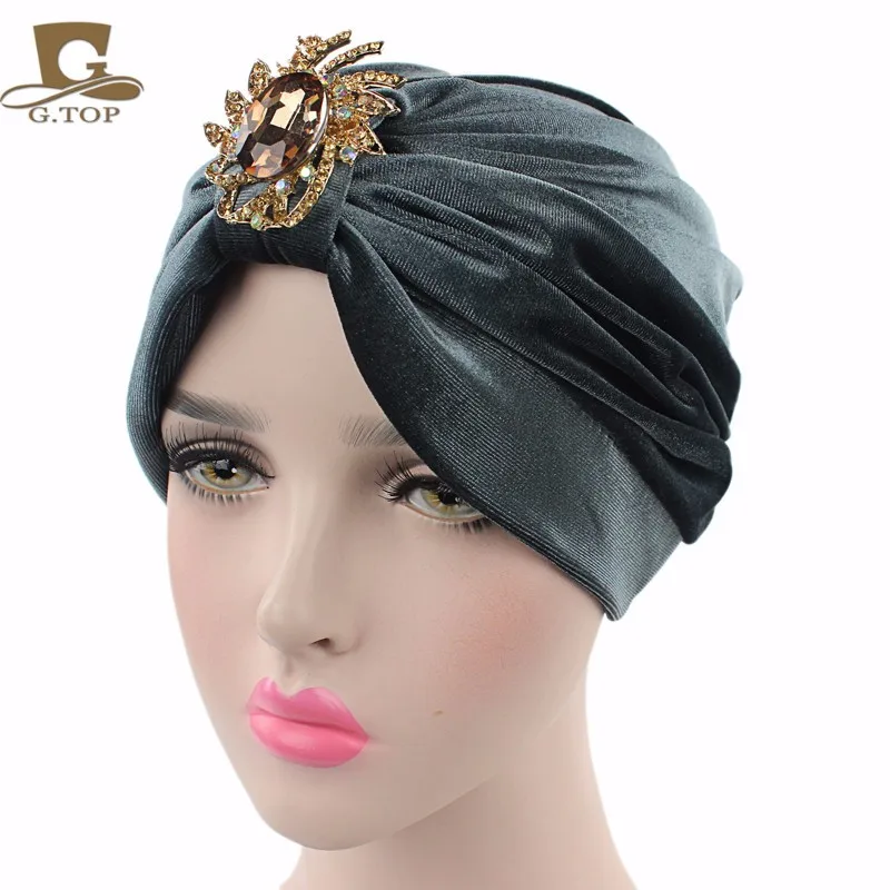 

New luxury women velvet Turban with gold diamante brooch hijab cap head wrap