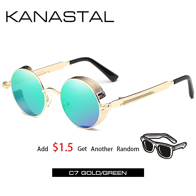 gold green2 Круглые Солнцезащитные очки в стиле стимпанк, зеркальные Мужские и женские очки в стиле панк, брендовые дизайнерские ретро очки в оправе, винтажные весенние солнечные очки UV400 - Цвет линз: gold green2