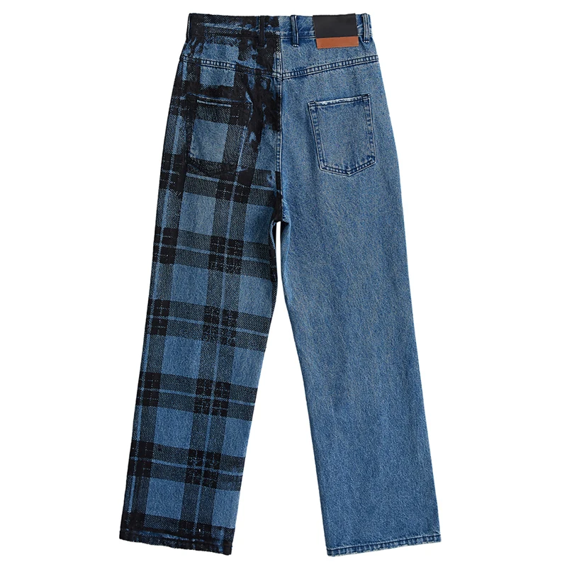 

CHICEVER Patchwork Plaid Print Denim Pants For Women High Waist Asymmetrical Straight Jeans Loose Female Fashion Clothing 2021