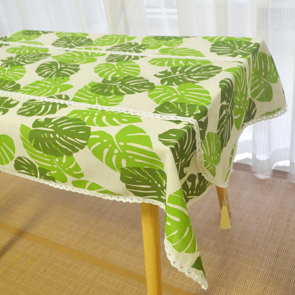Rectangle Printed Green Palm Leaves Linen Cotton Tablecloth Tassel Lace Table Runner Home Table Cover Christmas Table Cloth