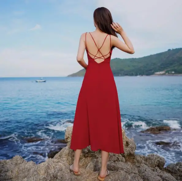 2020 горячее сексуальное красное летнее женское шифоновое пляжное платье Бохо с