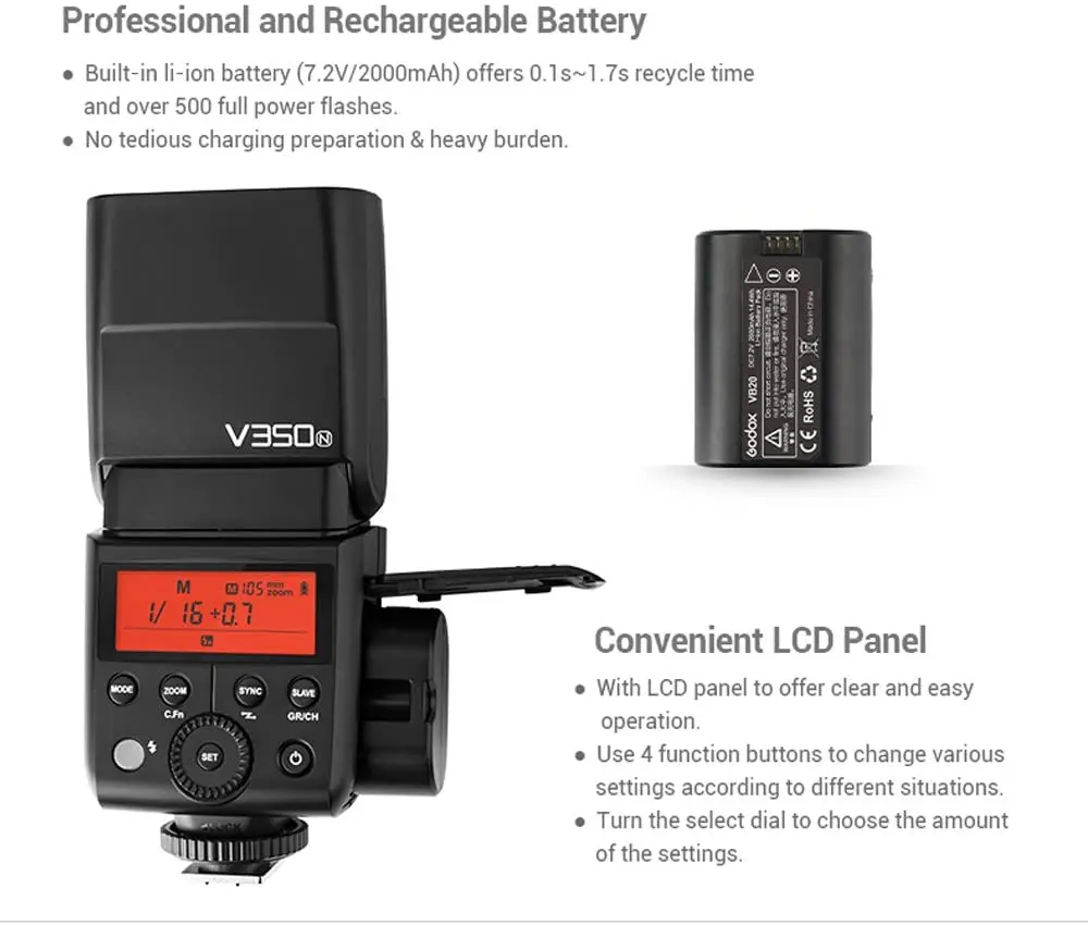 Фото GODOX V350N мини компактный размер 2,4G беспроводная вспышка для камеры TTL 1/8000s HSS литий-ионная аккумуляторная батарея для зеркальной камеры Nikon №4