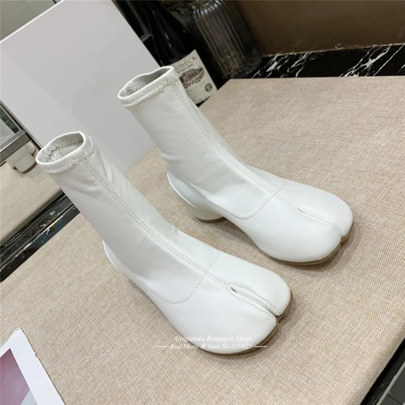 New Autumn Stretch Ankle Boots Novelty Split Toe Boots Women Cozy Round Heel Genuine Leather Riding Booties Fashion Short Botas