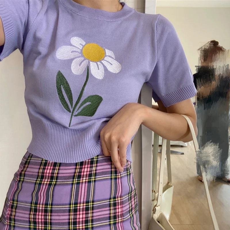 Летняя женская футболка одежда топы с принтом букета вязаная коротким