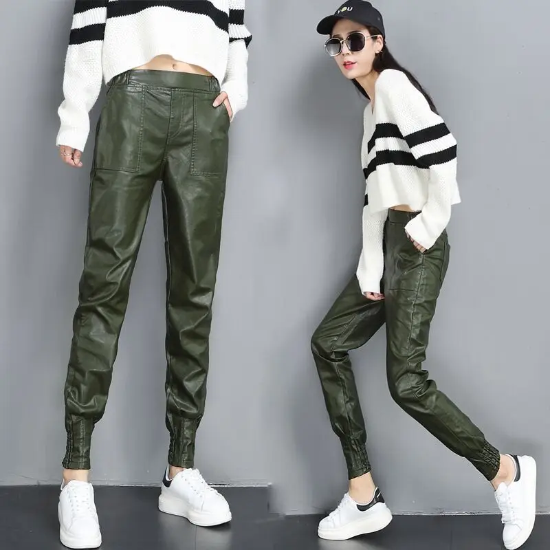 Осень зима PU искусственная кожа брюки женские шаровары повседневные кожаные