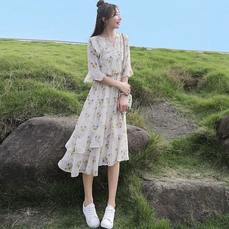 

Chiffon floral dress women's 2021 summer fresh French first love Platycodon skirt