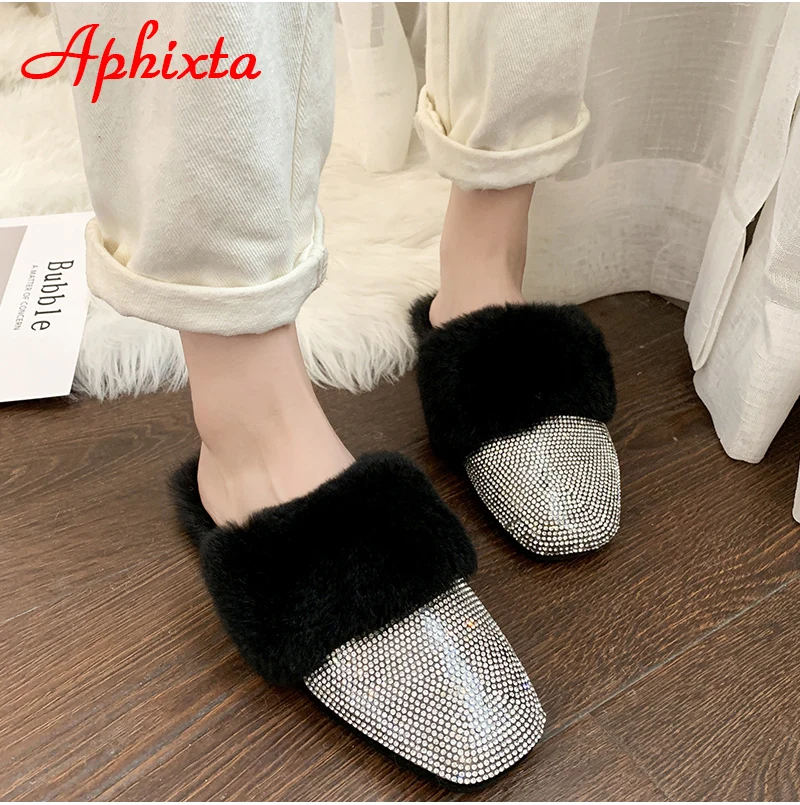 Aphixta/теплые зимние тапочки на натуральном меху; женские шлепанцы с украшением в виде кристаллов; женские пушистые тапочки; женская обувь на плоской подошве с кроличьим мехом