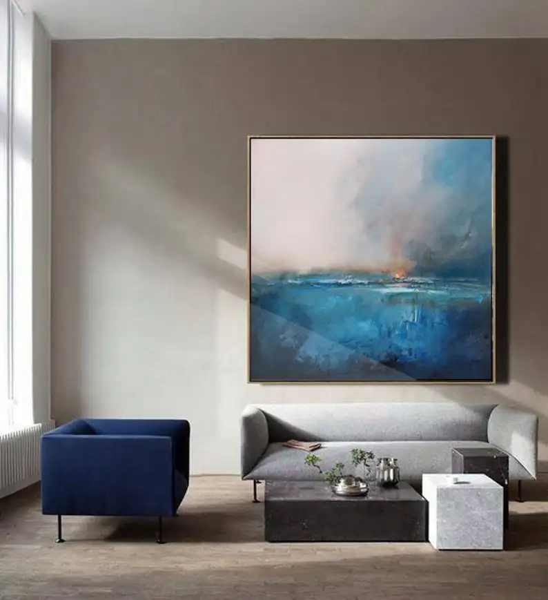 Goedkoop Olieverfschilderij Grote Originele Wall Art Abstract Schilderen Sky Landschap Olieverf Oceaan Canvas Zee Niveau Blue Hand Painted