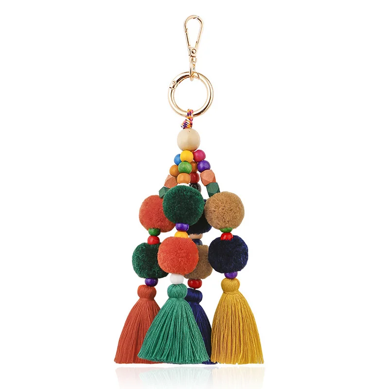 Богемная сумка ручной работы брелок для ключей многоцветная с кисточками