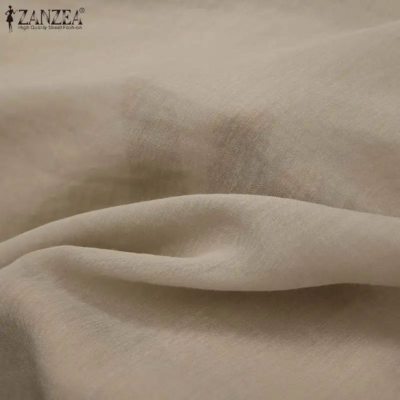 

Womens 2021 Summer Fashion Blouse Casual Puff Sleeve Ruffle Blusa Lady Stand Collar Drawstring Top ZANZEA Elegant Solid Pullover