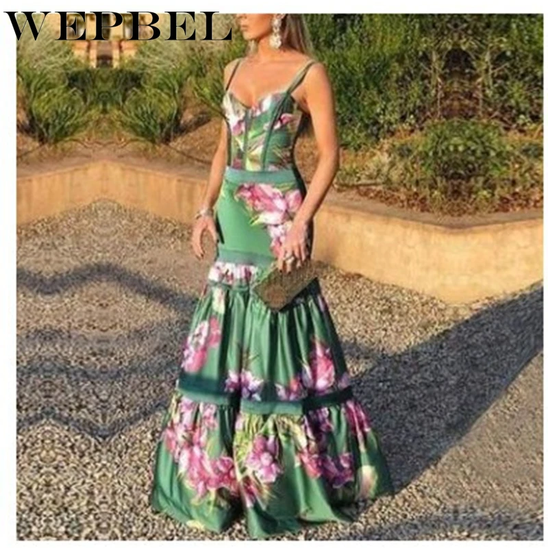 

WEPBEL Women Sexy Floral Print Spaghetti Strap Dress Ladies Elegant Sleeveless Halter Backless Ruffle Floor Length Dress