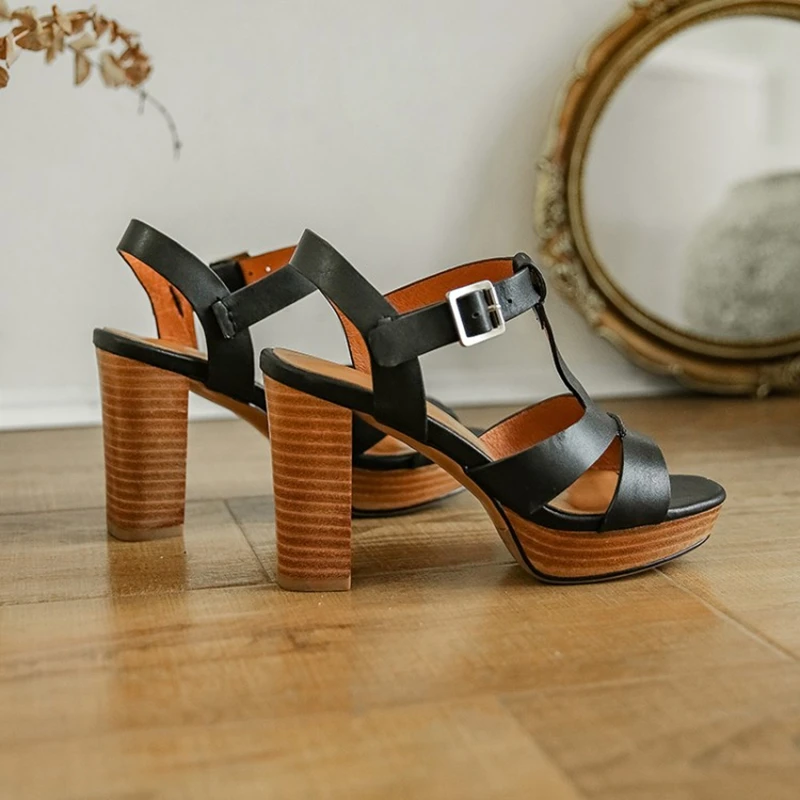 Сандалии из натуральной кожи на платформе босоножки-гладиаторы массивном