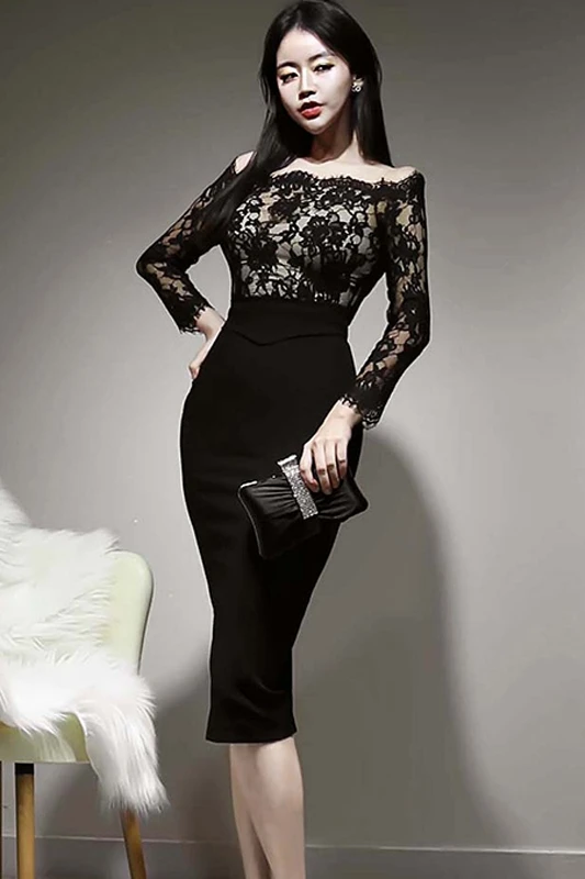 

COIGARSAM Patchwork Women dress New Spring Lace Slash neck Dresses Black 7678