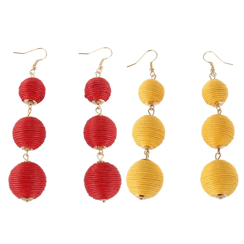 2 пары сережек с бахромой серьги гвоздики тройным шариком и длинной кисточкой для