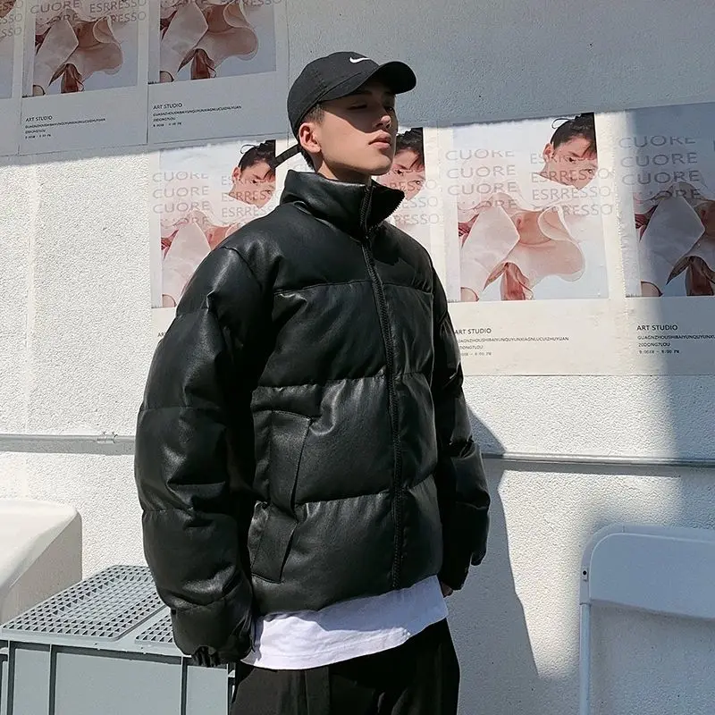 Faux Leather Winter men's PU leather padded jacket coat Thick Warm Parka street Fashion bread jacket for men Windbreaker Outwear