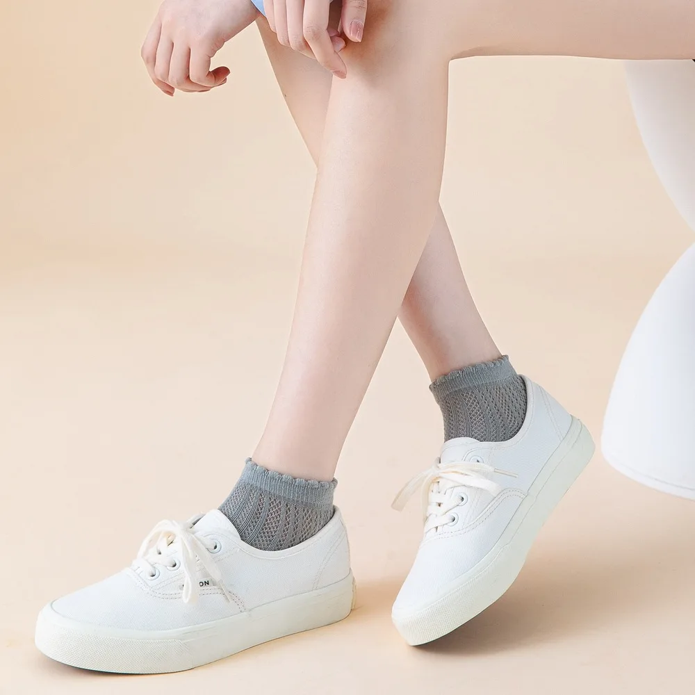 New Sweet Girls Socks 7 Pairs Summer Thin Kawaii Mesh Breathable Low Tube Socks Cotton Bubble Mouth Solid Casual Short Socks