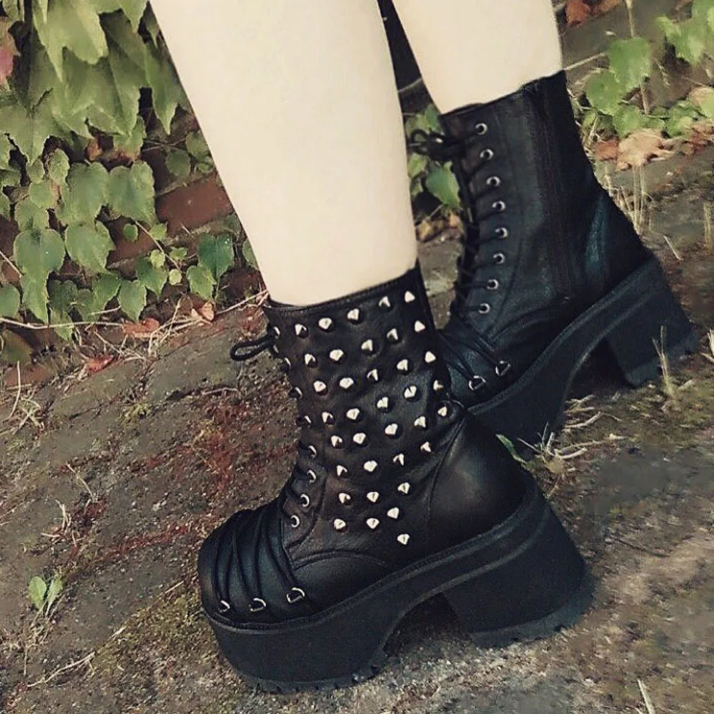 

BONJOMARISA Hot Sale INS Platform Chunky Heels Metal Grunge Cool Women Boots Shoeslace Zipper Goth Platform Black Ankle Boots