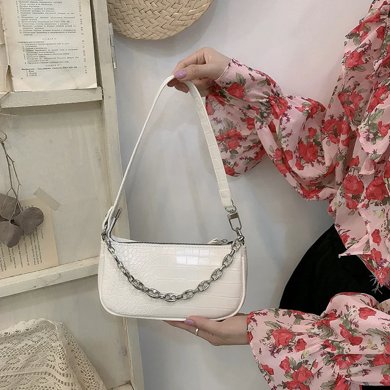 

High Quality PU Leather Women Chain Shoulder Bags Simple Crocodile Pattern Ladies Solid Color Underarm Bag Female Purse