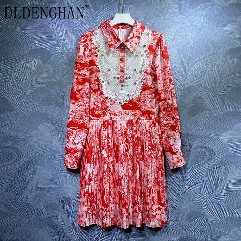 

DLDENGHAN Fashion Runway Designer Early Autumn Dress Women Turn-down Collar Long Sleeve Beading Vintage Print Pleated Dresses