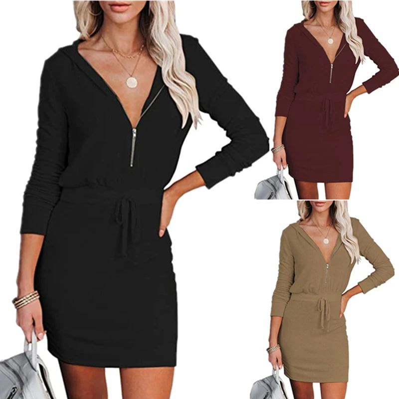 

Autumn Ladies Dress Long Sleeve Solid Color V-neck Zipper Dress Hooded Waist Lace-up Women Casual Dress