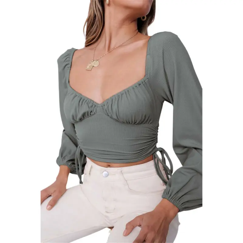 

Solid Color Tops Crop Lady Casual Sheath Slim Fashion Long Sleeve Women T-Shirt 2021 Summer V-neck Sexy Style Female Clothing