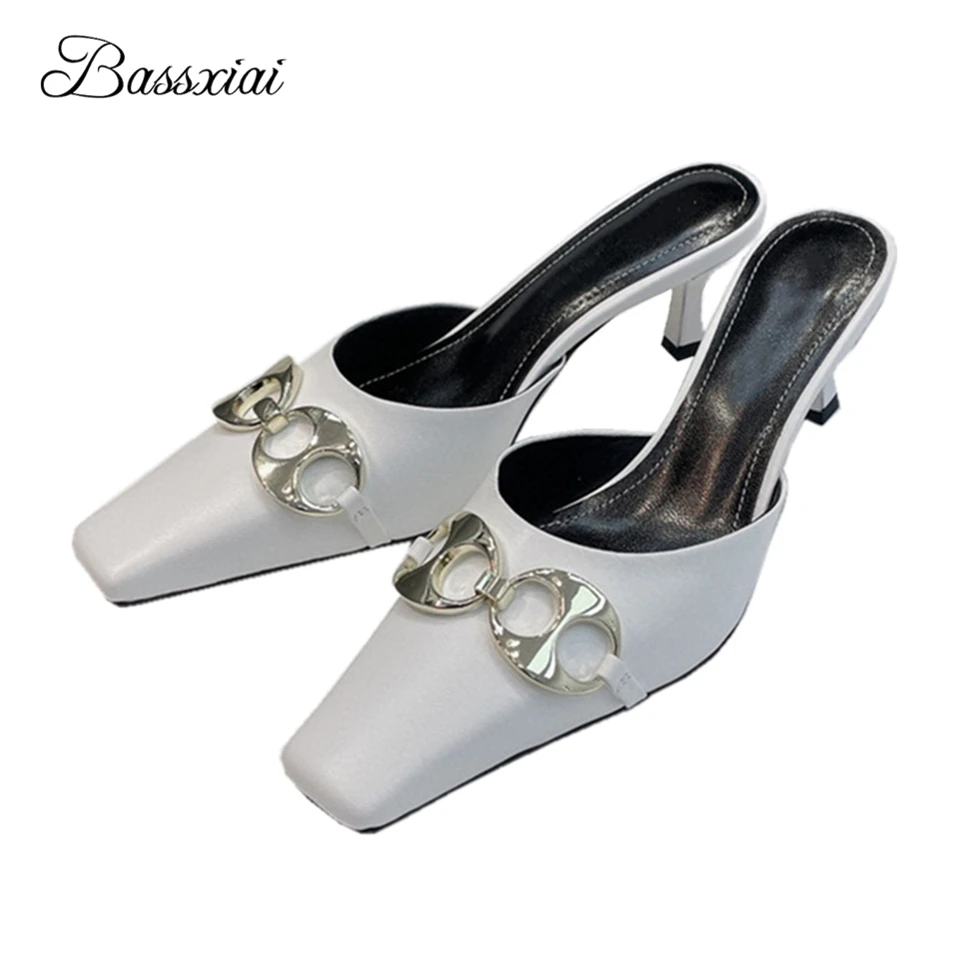 

Metal Chains Buckle Decor Runway Mules Lady Little Square Toe Sexy Kitten Heel Genuine Leather Slingbacks Women Sandals Summer