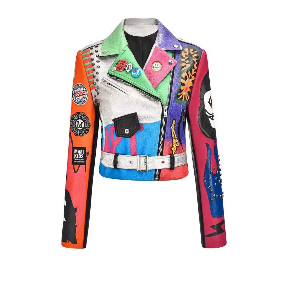 Women's Street Autumn And Winter Hot-Selling Badge Letter Printing Graffiti Leather Jacket With Stand-Up Collar enlarge
