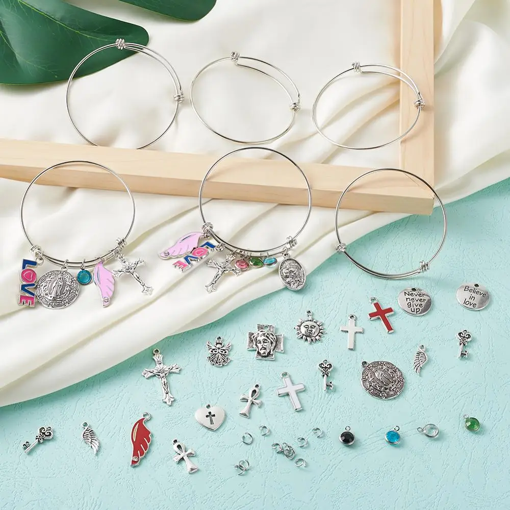pandahall DIY Jewelry Making Kit with Alloy Pendants 65mm Adjustable Stainless Steel Expandable Bangle Jump Rings Glass Charms | Украшения