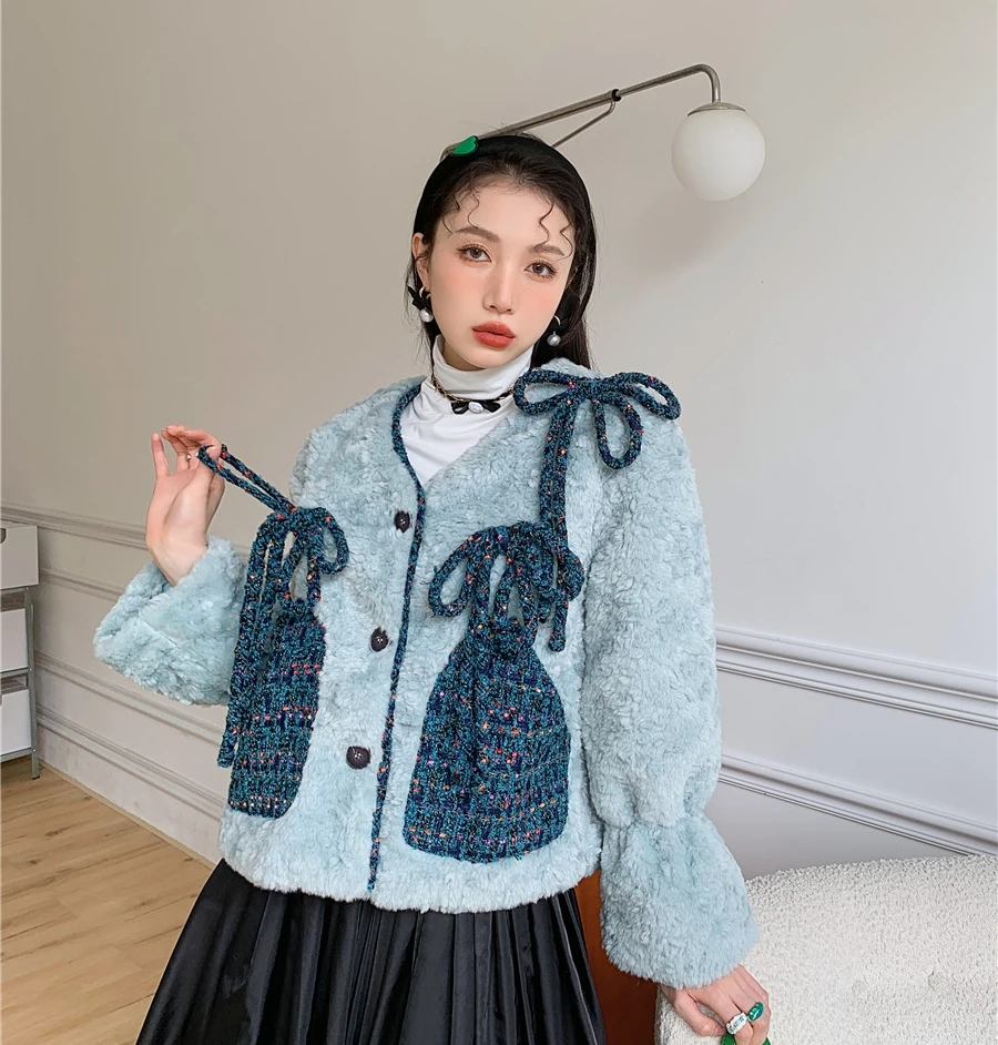 

Женское короткое пальто с бантом SuperAen, повседневное однобортное пальто с v-образным вырезом на осень и зиму