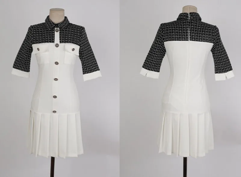 

autumn Patchwork Women Dresses Single-breasted Office Dress Korean Chic Sheath Casual Pleated dress Vestidos