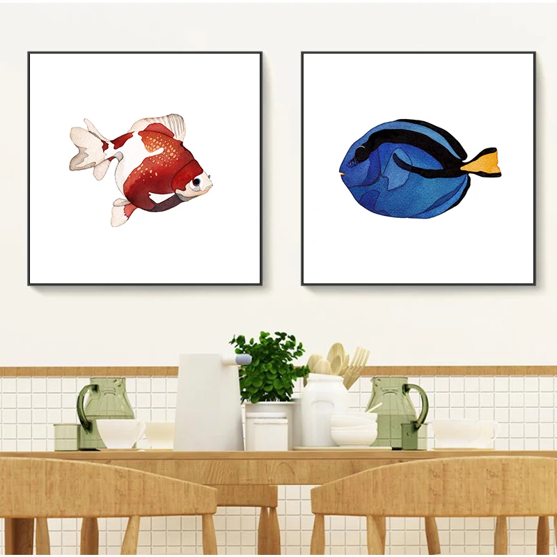 Cartoon Nordic Art Fsih Lobster Frog Shell Marine Life Poster Painting Wall Picture Print Children Baby Kid's Room Decoration | Дом и сад