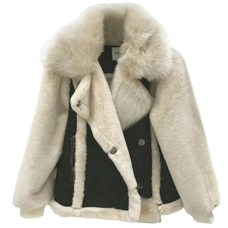 

Winter Wool Blends Outerwear Women Rabbit Fur Collar Jacket Automotive Female Overcoats Casual Shearling Lamb Fur Biker Coat
