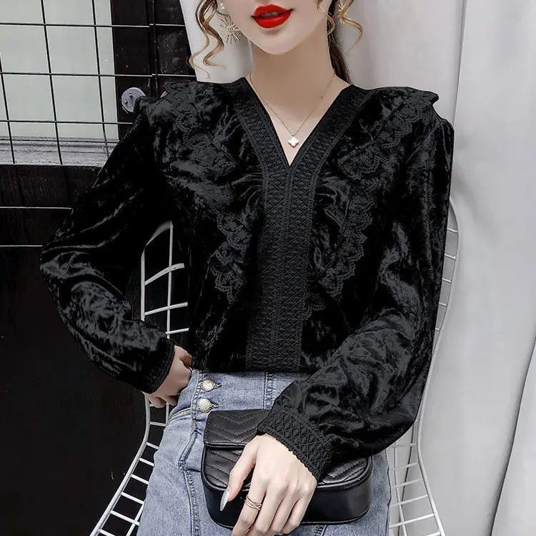 Осенне-зимняя женская блузка 2020 кружевная бархатная Блузка с V-образным вырезом и