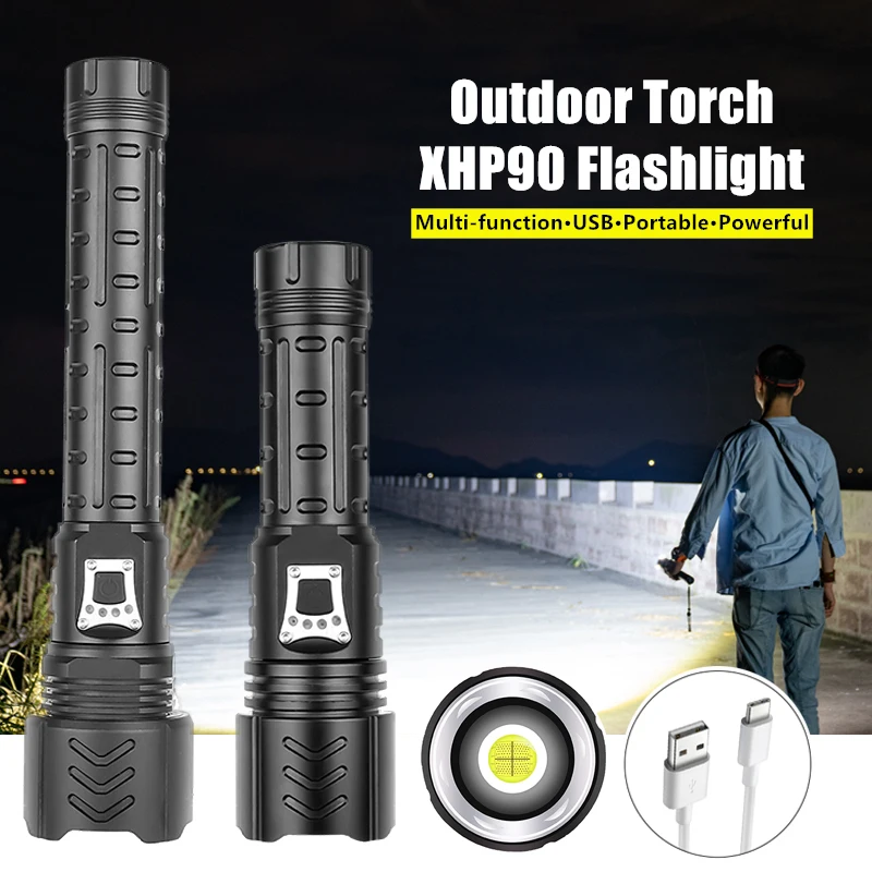 

Светодиодный фонарик XHP90, мощный яркий водонепроницаемый фонарик, USB зарядка, телескопический зум-фонарик, уличный портативный фсветильник ...
