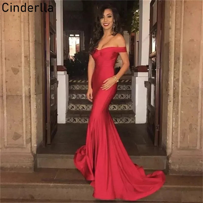 

Red Prom Dresses 2021 Mermaid Off The Shoulder Sweep Train Spandex Prom Dresses With Zipper Back vestidos de fiesta de noche