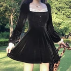 Милое Платье-трапеция в Корейском стиле, винтажные бархатные кружевные лоскутные черные мини-платья с квадратным вырезом и длинными рукавами, женская одежда