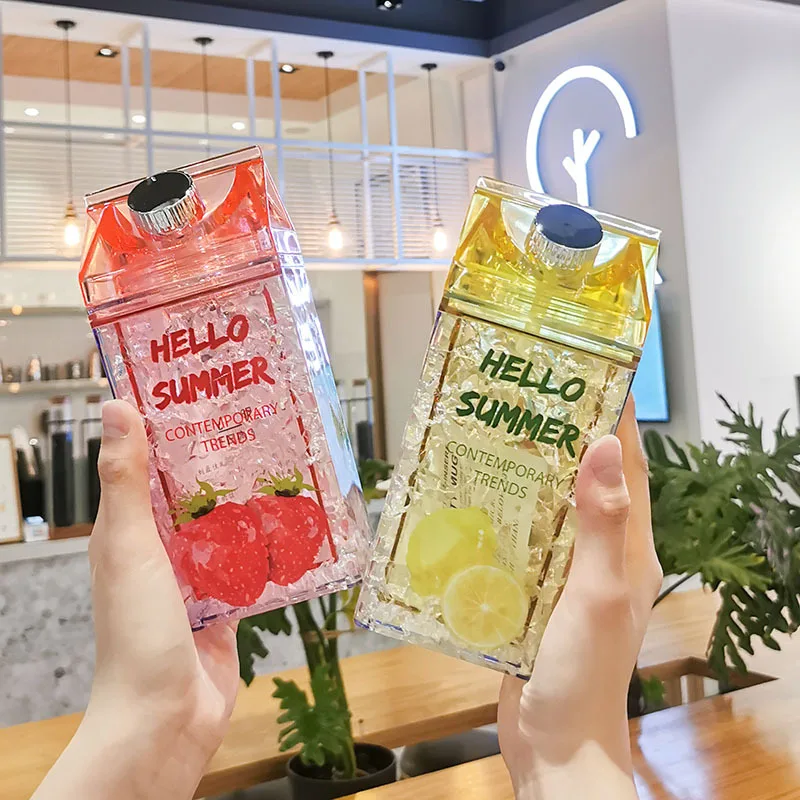 

Clear Milk Carton Water Bottle 400ml, Double Wall BPA Free Plastic Portable Square Container Box for Juice Keep Cold