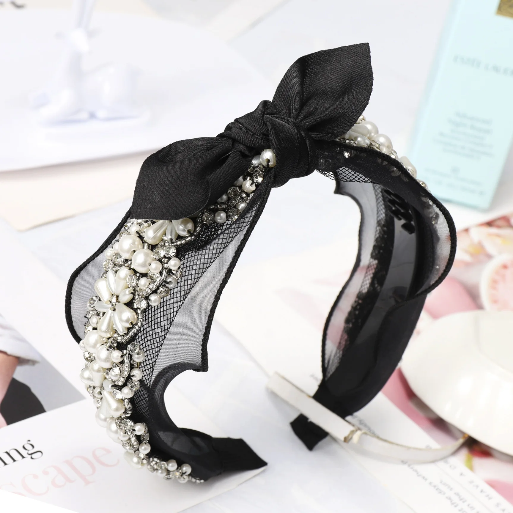 

New Black Butterfly Boutique Bow Lace Headband Diamond Pearl Rhinestones Hair Accessories Hair Bands for Women Knot Accessoires