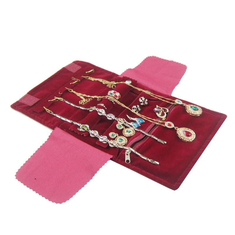 Fashion Elegant Burgundy Velvet Small Jewelry Organizer Roll Travel Zipper Bag Case For Multiple Necklace Ring Earrings Storage