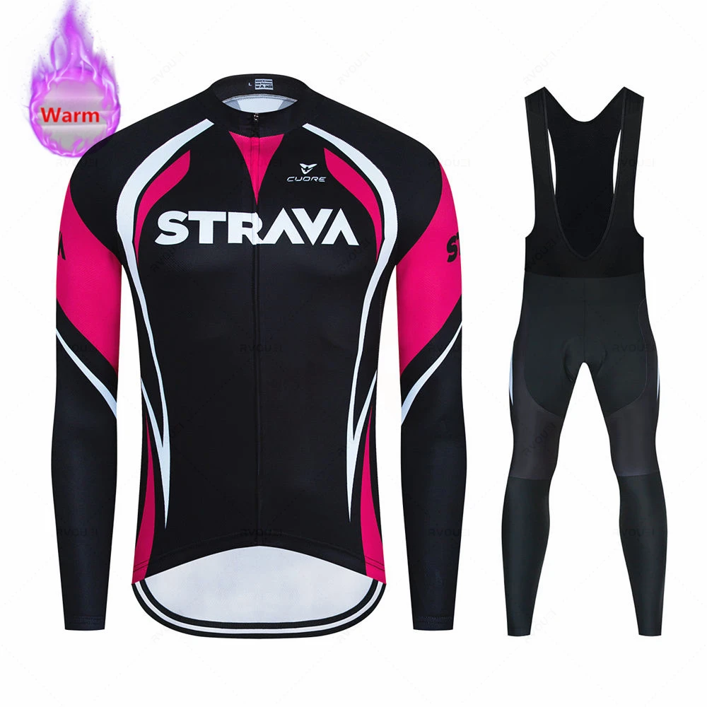 

2022 New Strava Winter thermal fleece Outdoor Riding Cycling Clothing men Long Sleeve Cycling Jersey Set MTB Bike Bib Pants