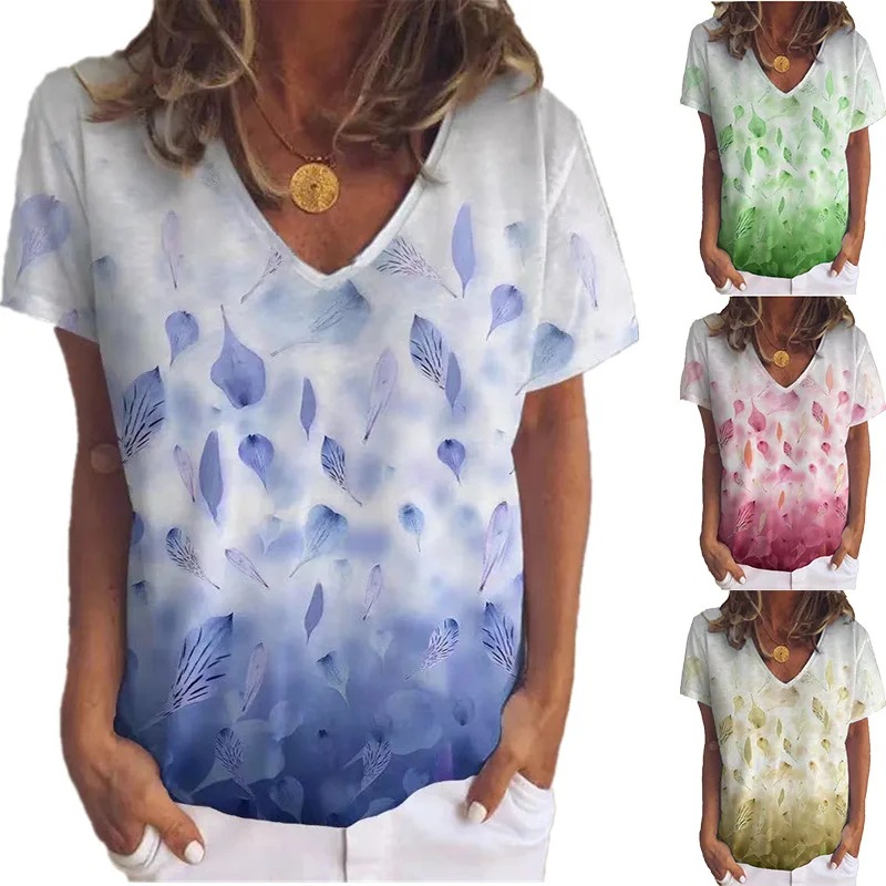 

Women Casual T-Shirt 2021 Summer Short Sleeve V-Neck T-shirt Large Size 4XL 5XL Leaves Gradient Print Loose Tops Lady Streetwear