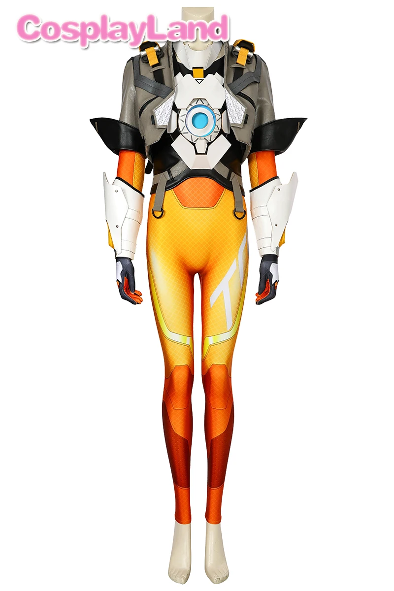 Game OW2 Lena Oxton Tracer Cosplay Outfit Soldier 76 Halloween Costumes with Jumpsuit Shoes Glasses LED Light Chest Back Props